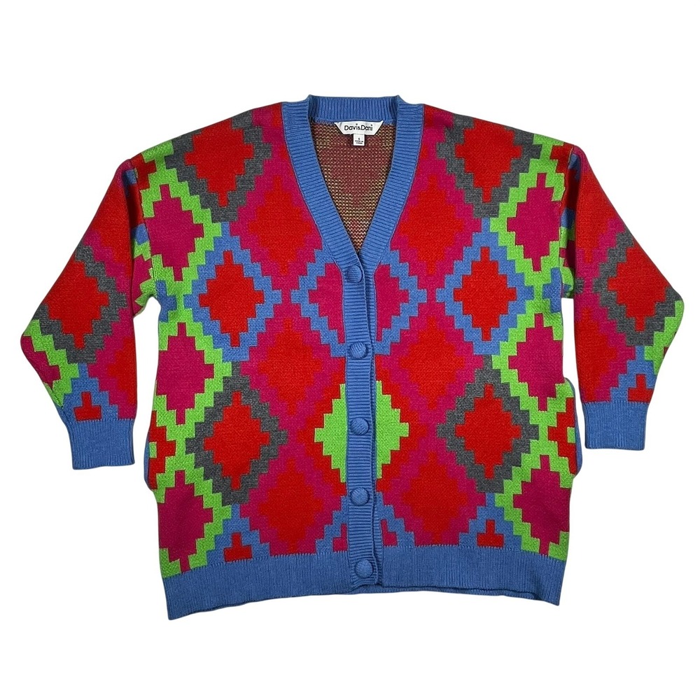 Davi & Dani Cardigan Womens Small Multicolor‎ Geometric Diamond Knit Oversized